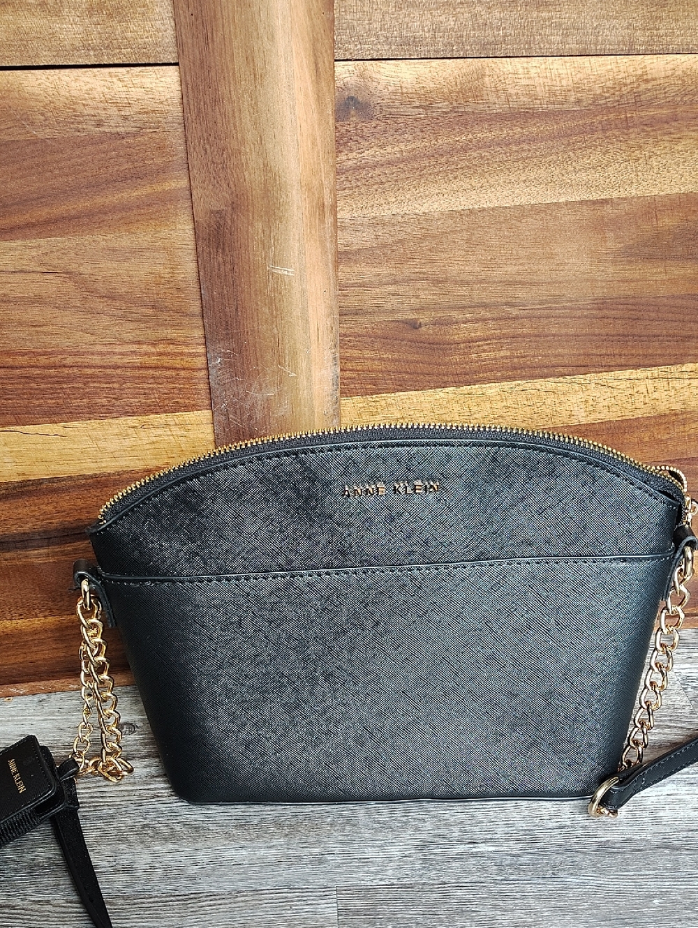 Anne Klein Black Saffiano Crossbody with Gold Chain Detail